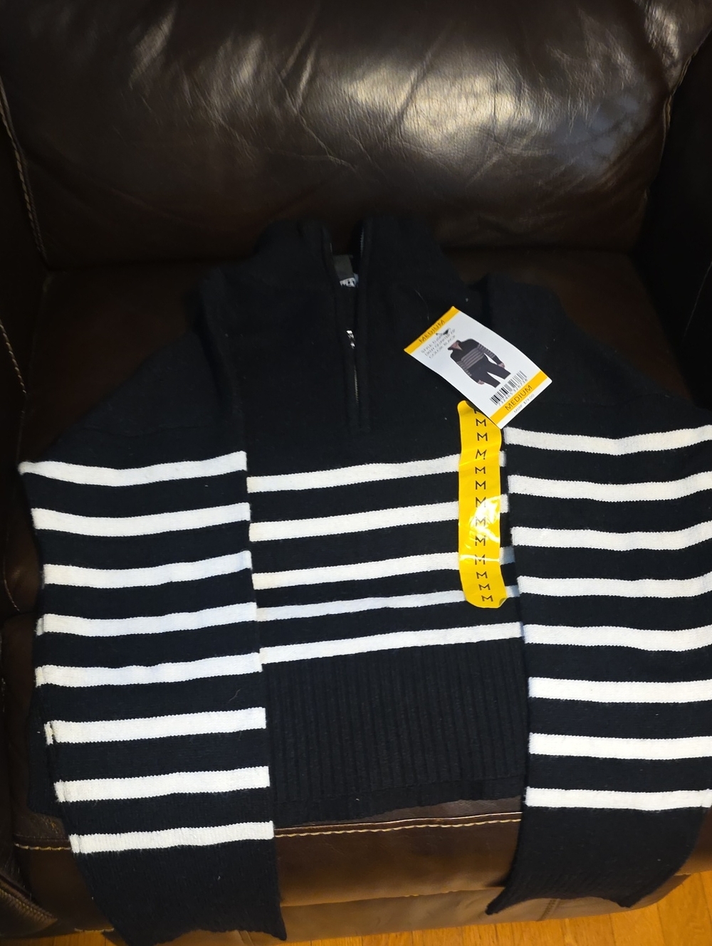 DKNY Womans Black and White Striped Zip-Up Sweater